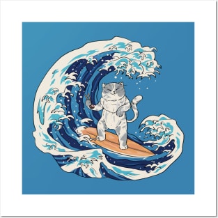 Funny Retro Surfing Sushi Cat Riding a Great Wave Posters and Art